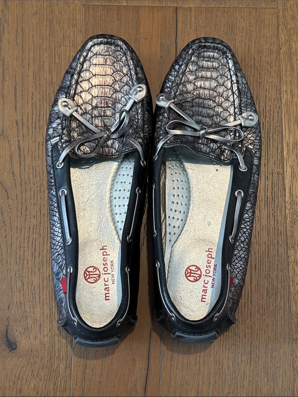 Leather metallic snakeskin moccasin